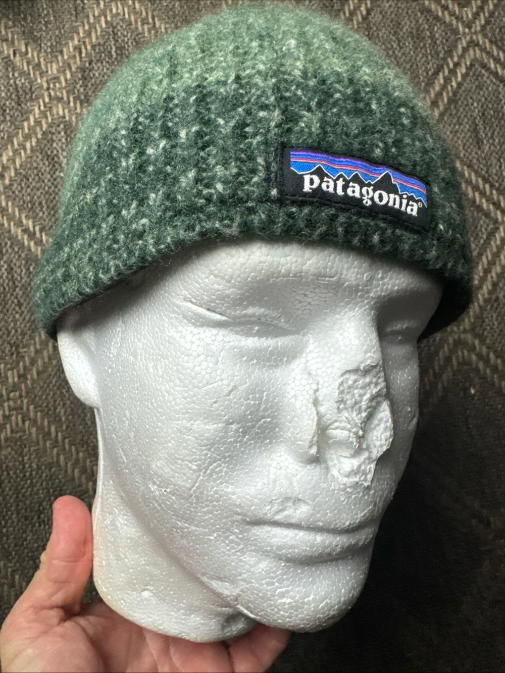 Patagonia SPEEDWAY Beanie Khaki Sock Cap Hat 70% WOOL Fleece Lined One Size